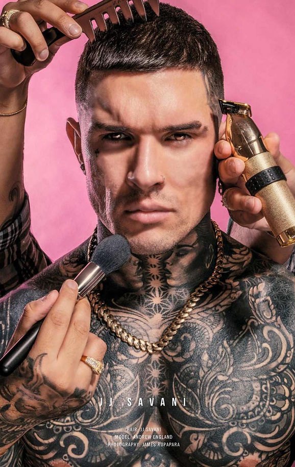 JJ Savani editorial tear sheet — hair by JJ Savani, model Andrew England, photography James Rupapara
